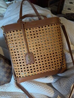 Saint Laurent Tan and Brown Woven Leather Shoulder Bag